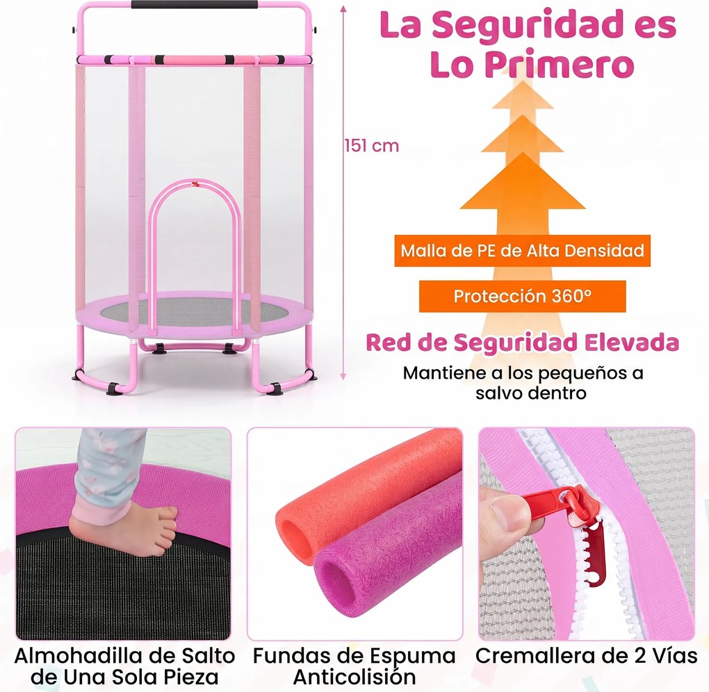 Trampolim Infantil, 140 x 140 x 214 cm, 6 em 1 com Acessórios de Brincadeira, Cor-de-rosa