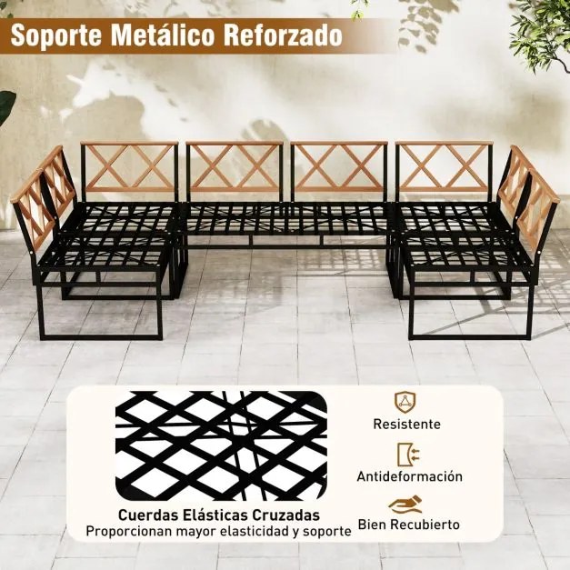Conjunto jardim de 6 peças para exterior com móveis de metal e madeira de acácia, almofadas e mesa de café para jardim ou piscina, bege