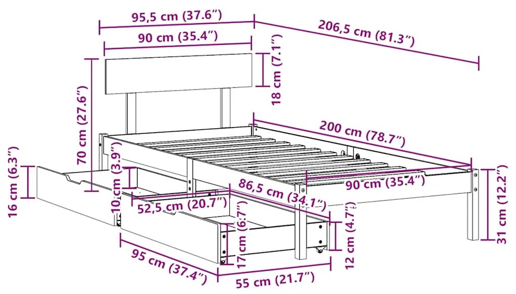 Cama sem colchão 90x200 cm madeira de pinho maciça