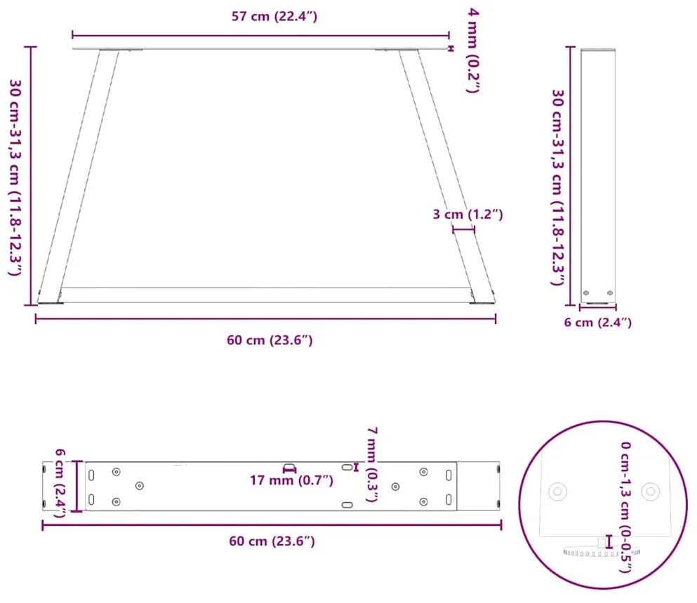 Mesa de jantar pernas 2pcs forma V 60x(30-31,3)cm aço antracite