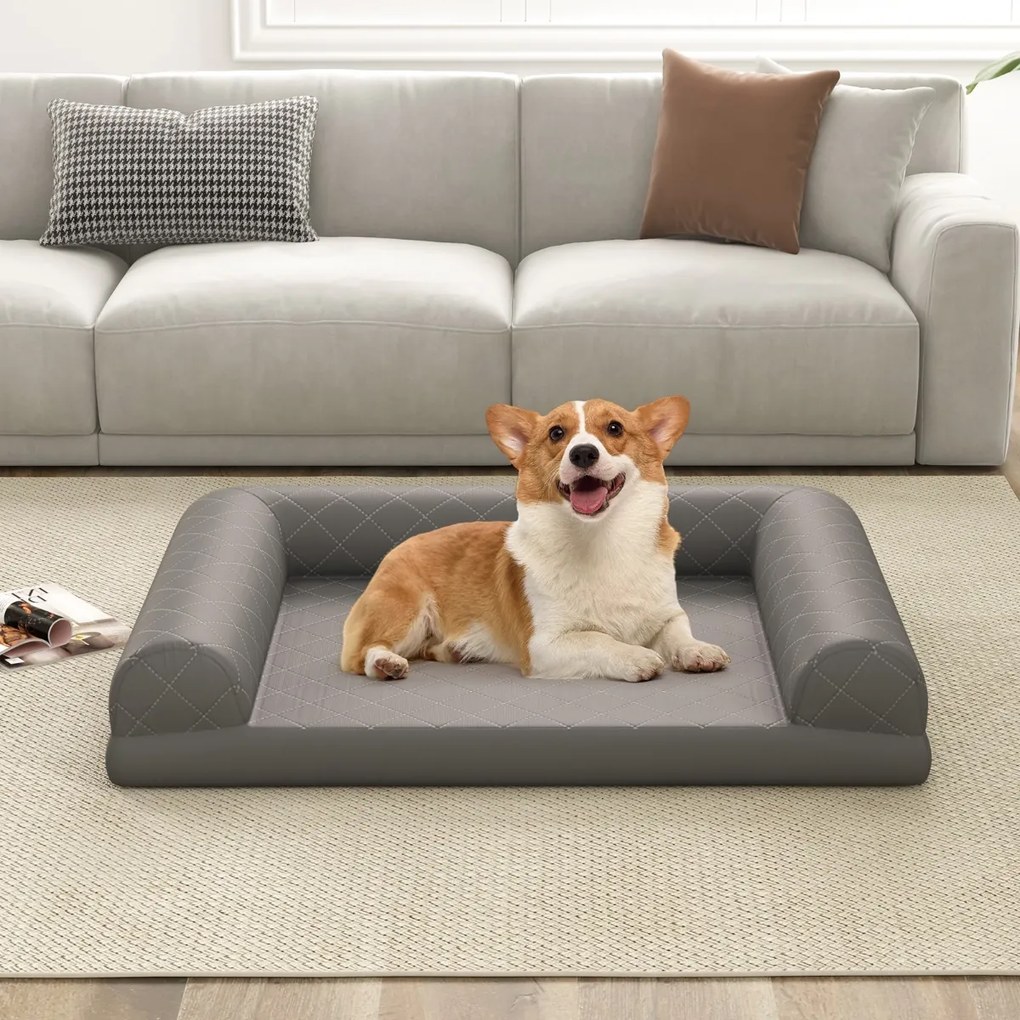 Cama ortopédica para cães  90 x 69 x 18 cm com almofada em 3 lados Capa removível e lavável Base antiderrapante Cinza