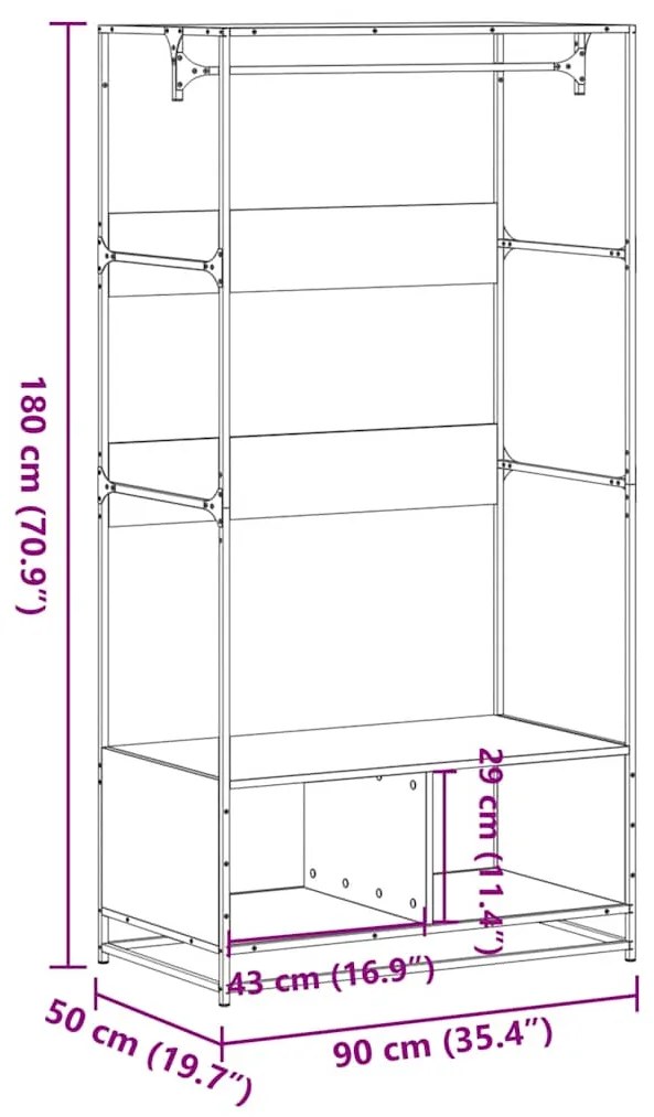 Roupeiro 90x50x180 cm derivados de madeira cinzento sonoma