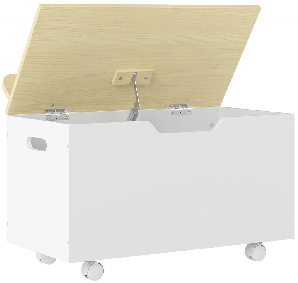 AIYAPLAY Baú de Brinquedos com Rodas com Tampa Abatível e Dobradiça de Segurança Desenho de Nuvem  59x30x53 cm Branco e Madeira | Aosom Portugal