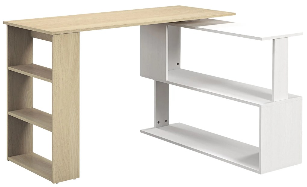 HOMCOM Mesa de Computador Secretária Mesa de Canto Giratória 360° com 5 Prateleiras 120x110x74,5 cm Madeira e Branco