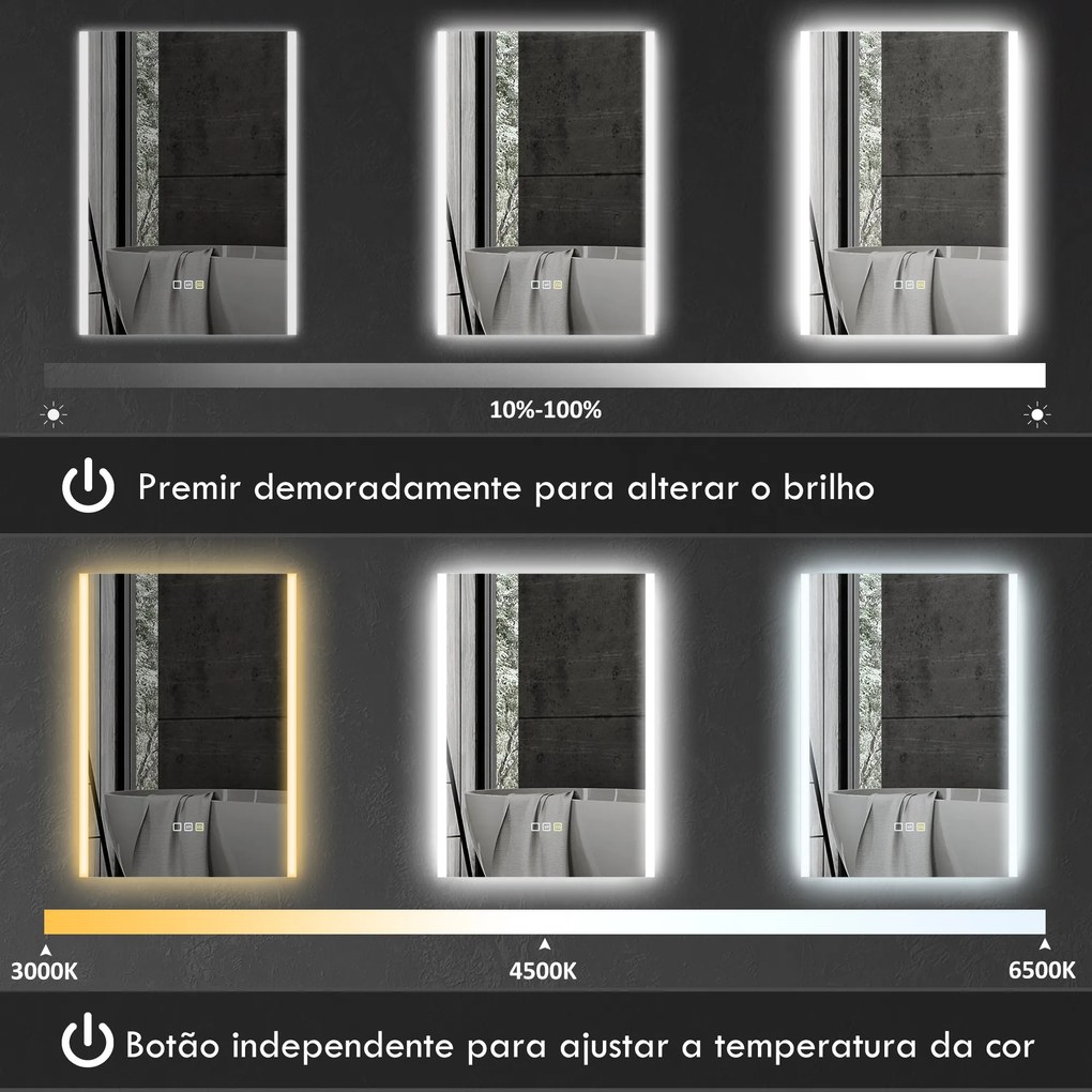 Espelho de Casa de Banho com Luz LED 70x50 cm 3 Cores de Luz Função Antiembaciamento Função de Memória IP44 Prata