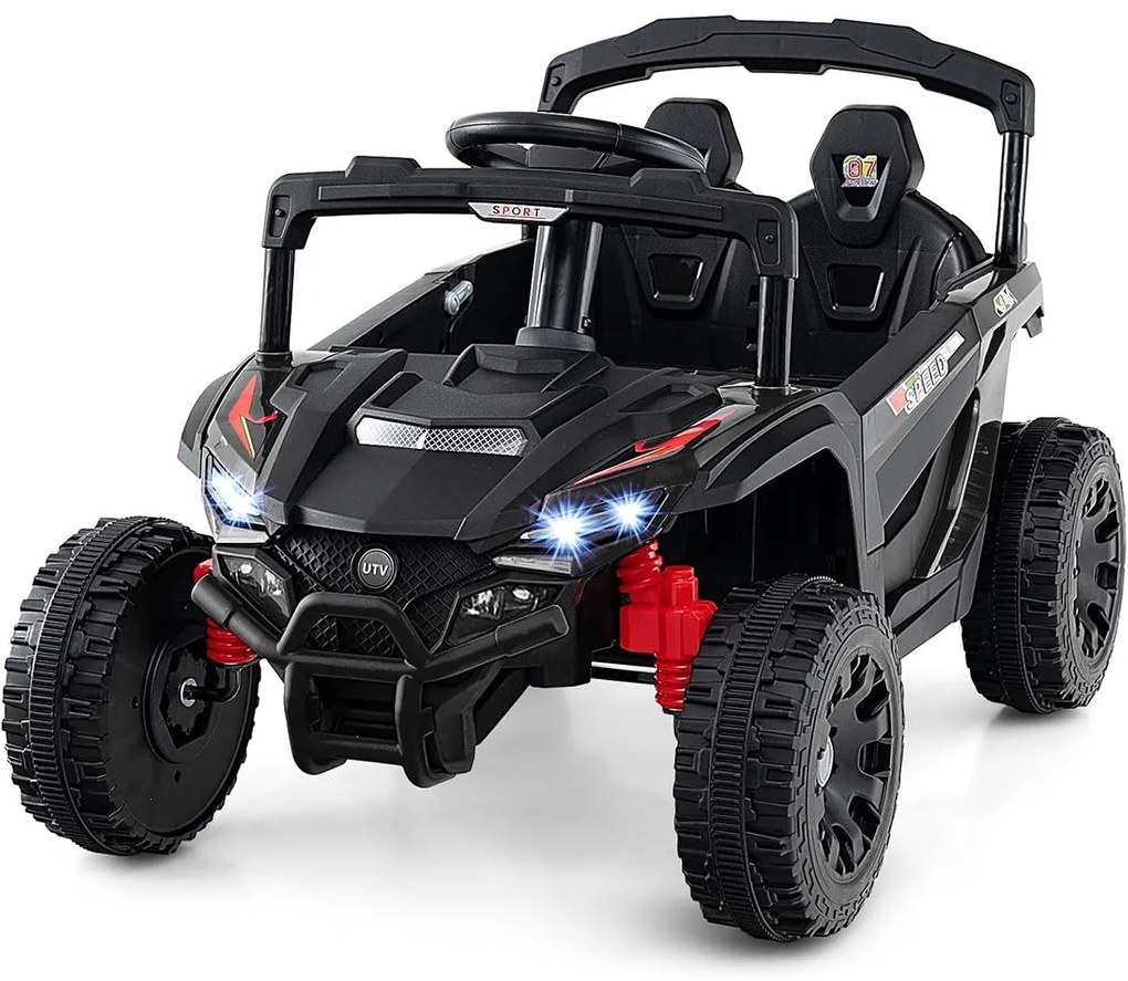 Carro elétrico infantil de 12 V, com comando à distância, 3 velocidades, luzes LED, música, buzina, veículo a bateria para crianças, Preto