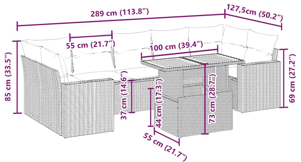 8 pcs conjunto de sofás p/ jardim com almofadões vime PE bege
