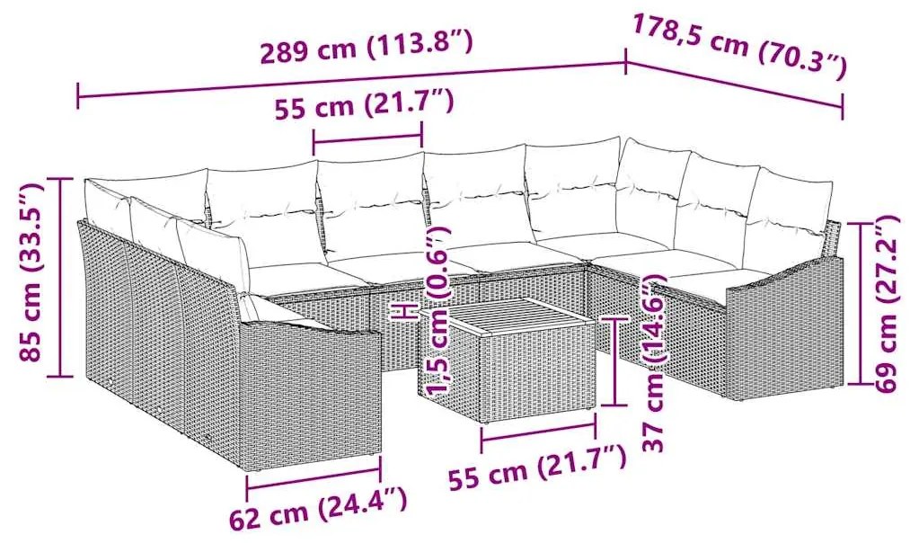 Conjunto de sofá de jardim com 10 peças e almofadas bege de rattan sin