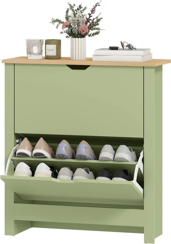 Sapateira com capacidade para 12 pares 72 L x 26 P x 80 A cm, armário estreito com 2 gavetas rebatíveis e prateleiras ajustáveis, verde