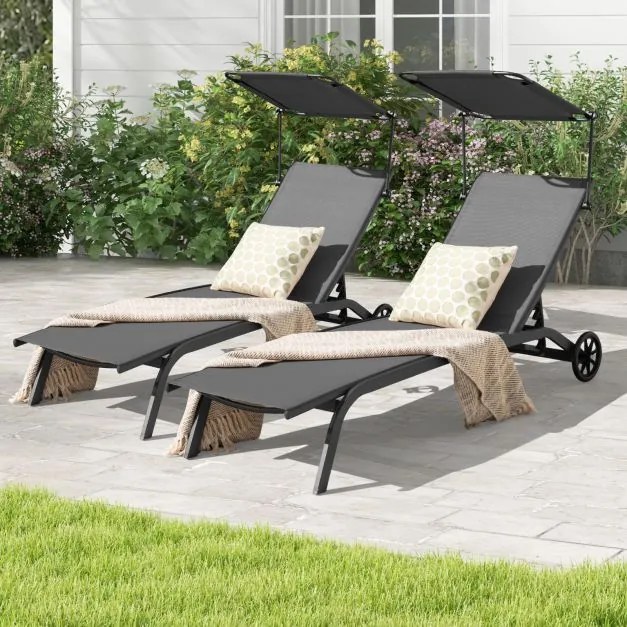 Conjunto de 2 Espreguiçadeiras Reclináveis, 191 x 61 x 96 cm, Toldo Ajustável, Cinzento