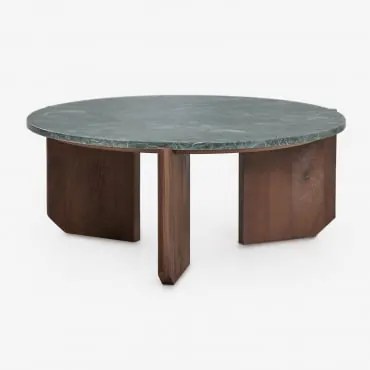 Round Coffee Table In Natural Stone And Mango Wood Lavinia Mármore Verde Udaipur & Madeira De Cabo Escuro & Ø70 Cm - Sklum