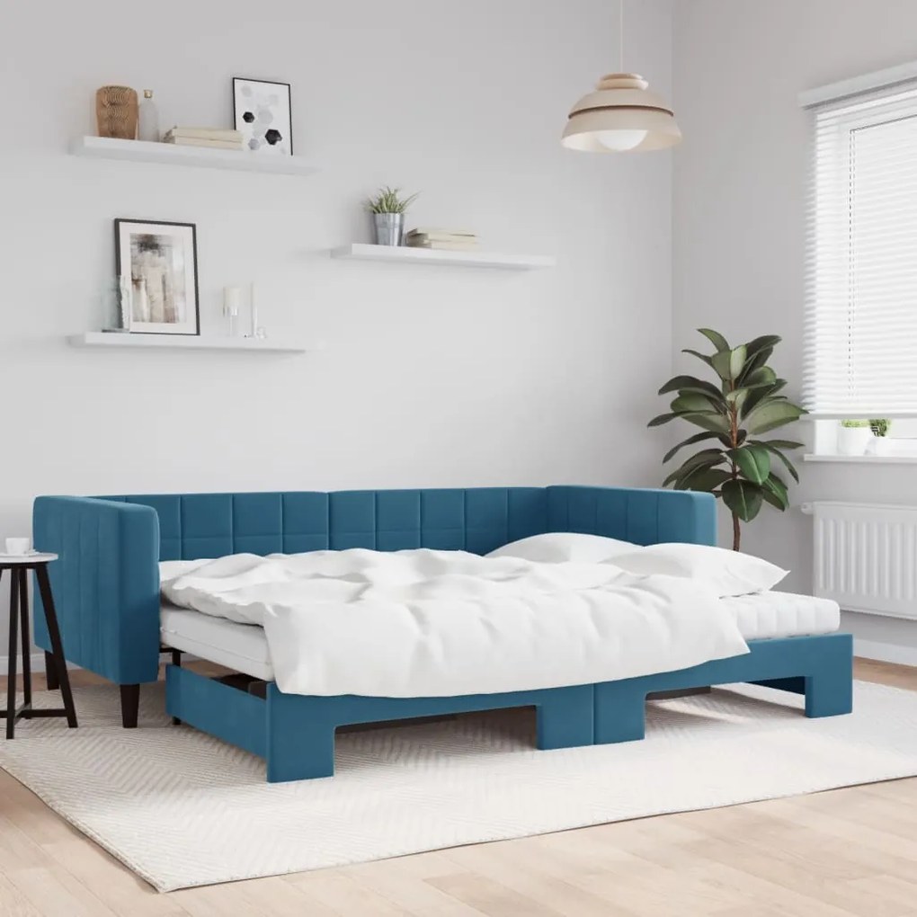 vidaXL Sofá-cama com gavetão e colchões 90x200 cm veludo azul