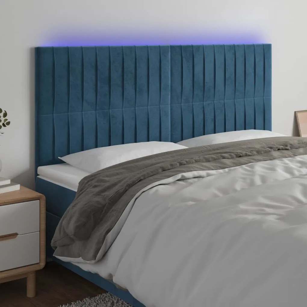 Cabeceira cama c/ luzes LED veludo 200x5x118/128cm azul-escuro