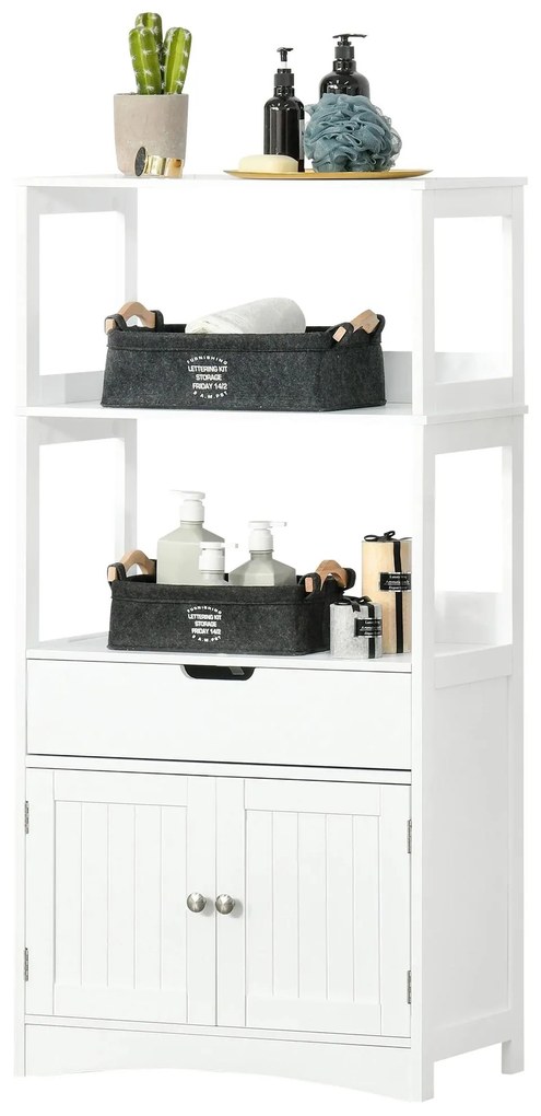 Kleankin Armário para Banheiro com 3 Prateleiras Gaveta e 2 Portas Móvel de Armazenamento para Cozinha, Sala de estar Dormitório 60x33x122,5cm Branco