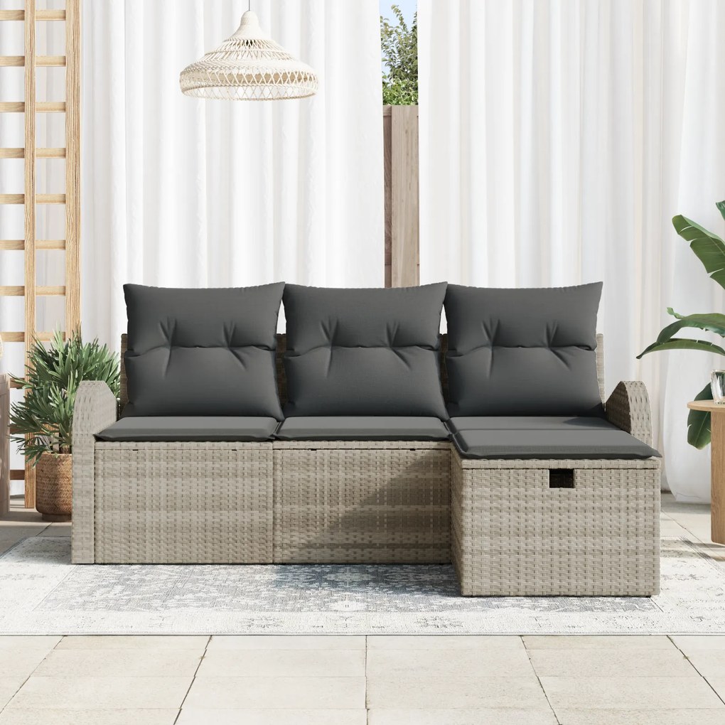 Conjunto de Sofá de Jardim de 4 Peças com Almofadas Cinza Claro Rattan