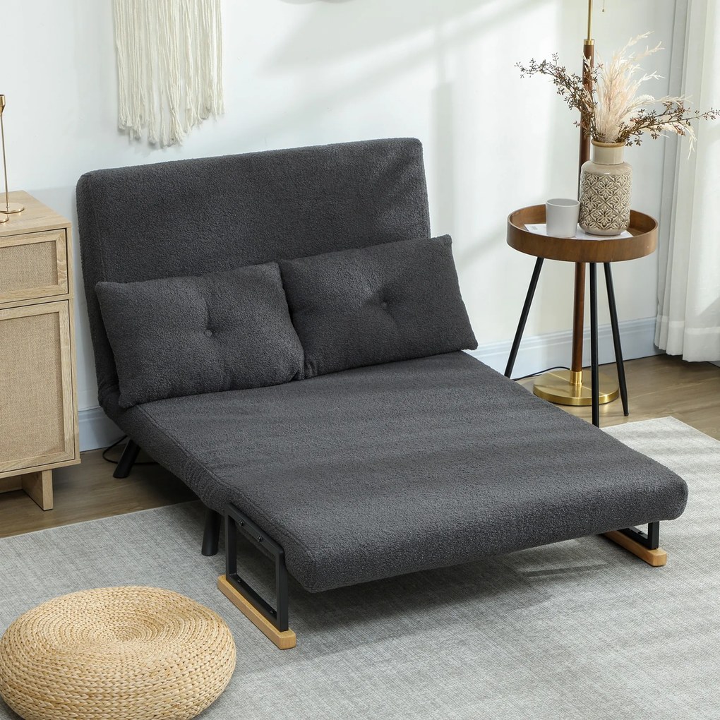 Sofá Cama Sofá Convertível em Cama de 2 Lugares Dobrável com Encosto Ajustável em 5 Níveis e 2 Almofadas 102x73x81 cm Cinza