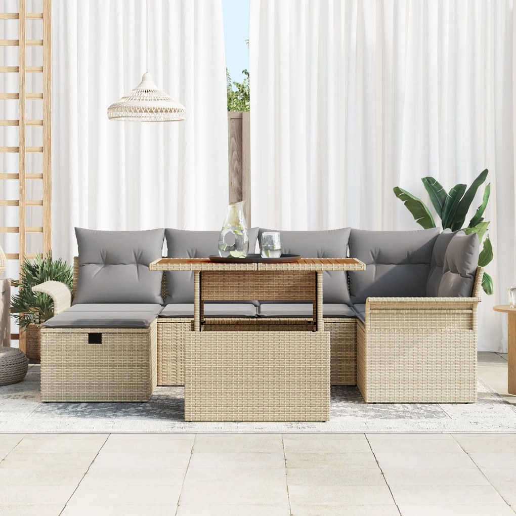 Conjunto de Sofás de Jardim de 7 Peças com Almofadas Bege Rattan Sinté