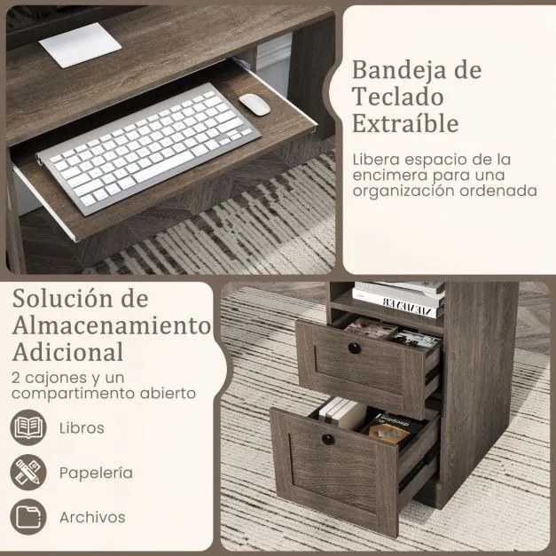 Secretária em forma de L com 2 gavetas, estante ajustável e bandeja para teclado Secretária executiva de canto Cinzento