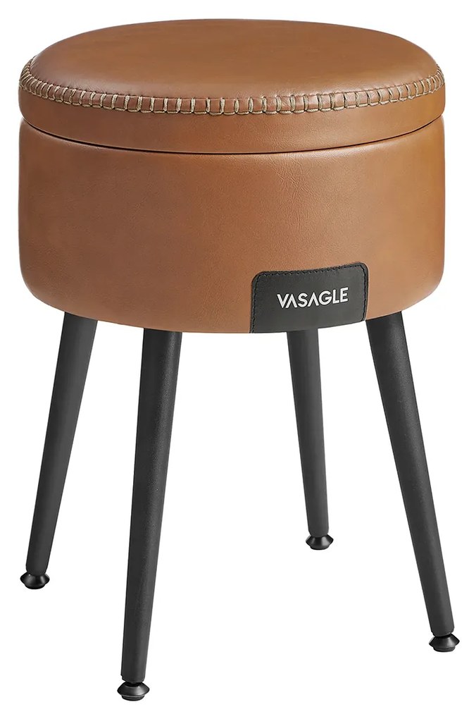 Coleção VASAGLE EKHO - Pufe com armazenamento, banqueta de penteadeira, couro sintético com costura, estilo moderno de meados do século, assento redondo com pernas de aço, capacidade de carga de 150 kg, marrom caramelo LOM005K01