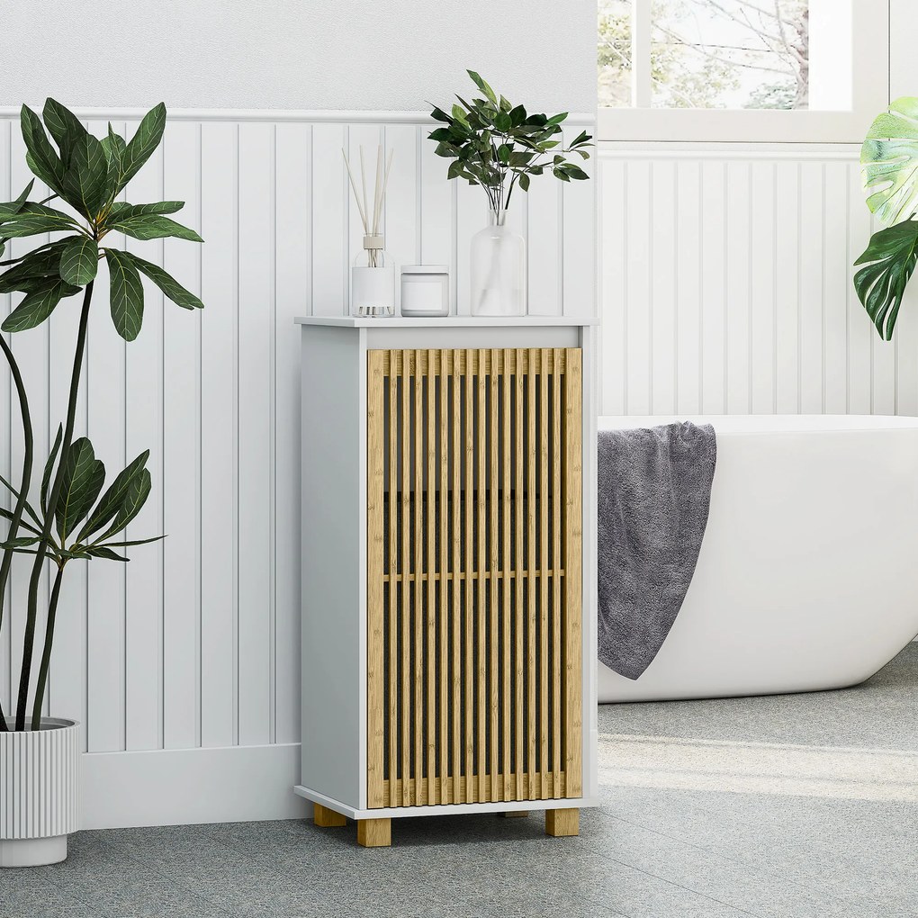 Móvel de casa de banho com cesto para roupa suja, porta com ripas de bambu e saco removível, branco e com efeito de madeira natural