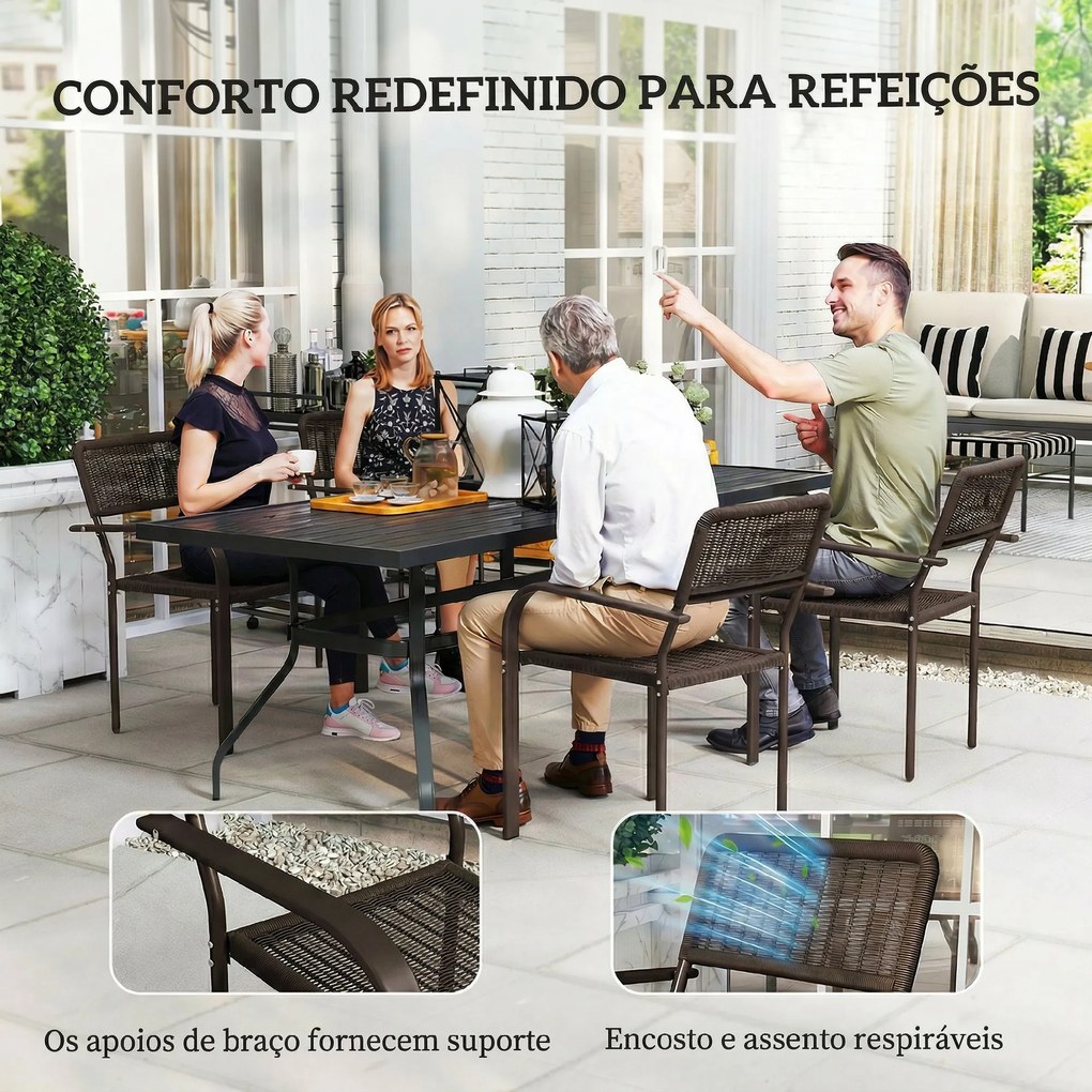 Conjunto de 4 Cadeiras de Jardim Exterior Empilháveis com Apoios de Braços Encosto e Estrutura de Aço 55x60x83 cm Castanho Escuro