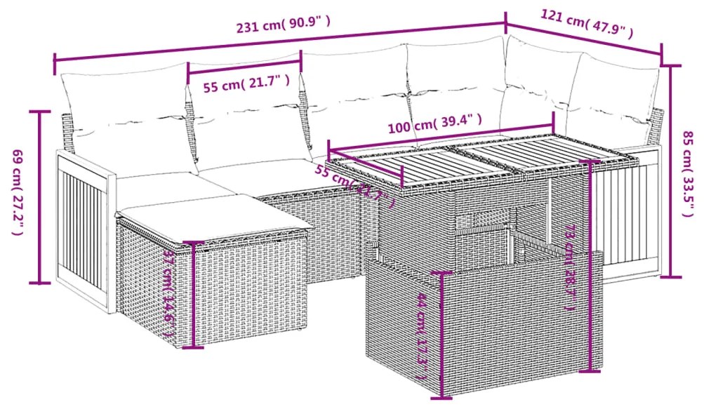7 pcs conjunto de sofás p/ jardim c/ almofadões vime PE preto