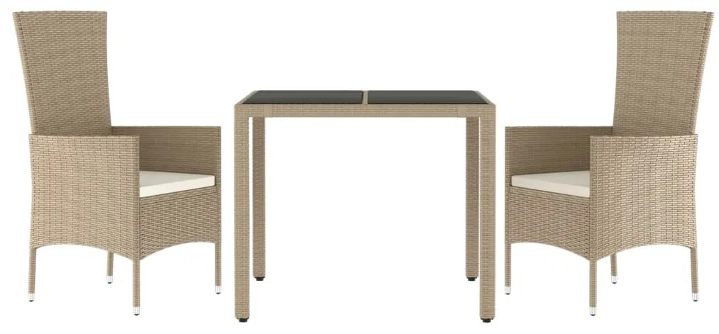 3 pcs conjunto de jantar p/ jardim com almofadões vime PE bege