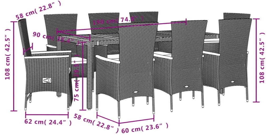 7 pcs conjunto de jantar p/ jardim c/ almofadões vime PE preto