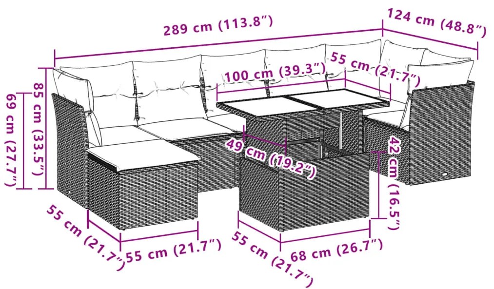 8 pcs conj. sofás jardim c/ almofadões vime PE cinzento-claro