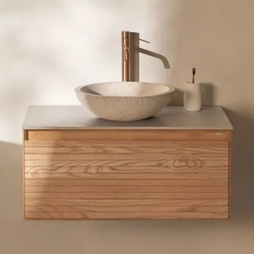 Conjunto De Móvel De Casa De Banho Suspenso Em Madeira De Freixo Tedrik Castanho Fresno & Cimento Redondo Branco Ø40 Cm Zavion & Sem Espelho - Sklum