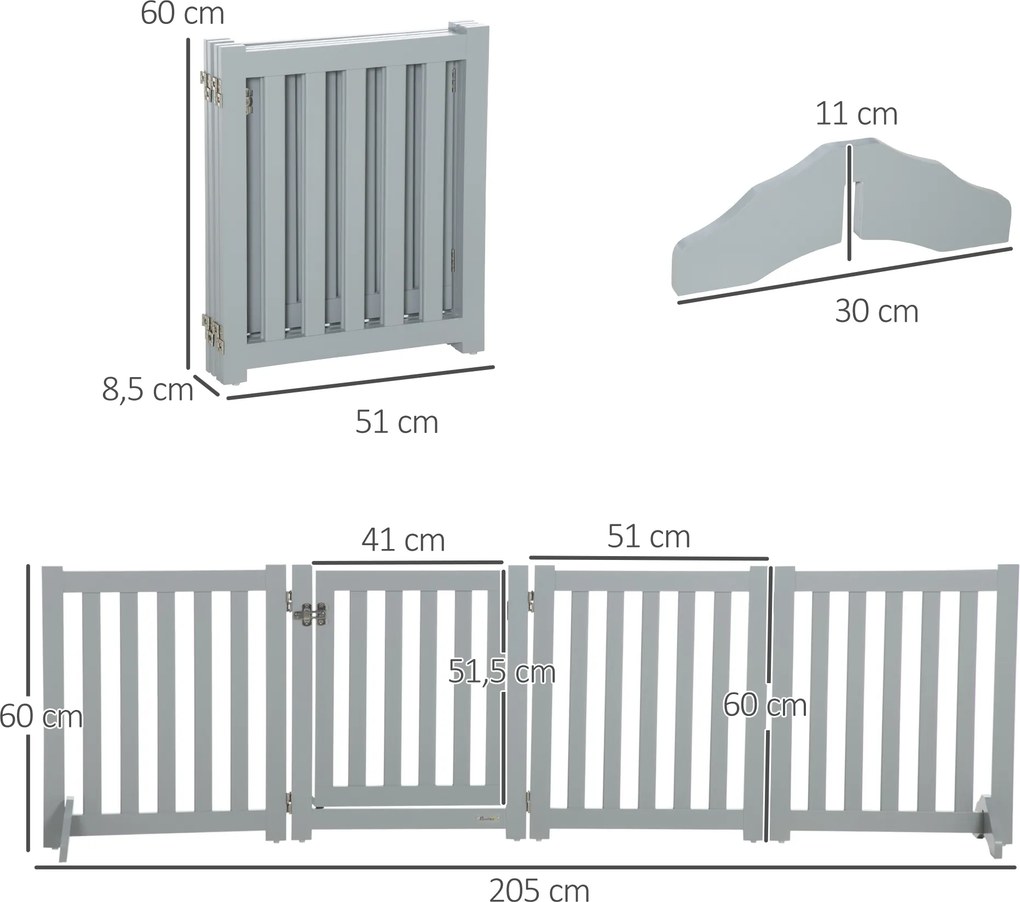 Barreira de segurança dobrável para cães  205 x 60 cm, de madeira, de dupla face, com 4 painéis e porta, pés de apoio, 205 x 60 cm, cinzenta