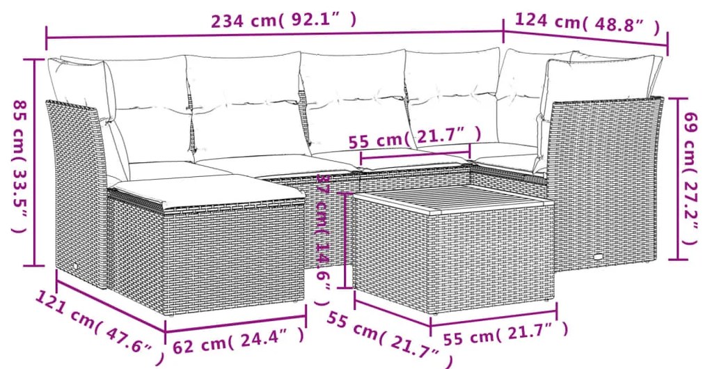 7 pcs conjunto de sofás p/ jardim com almofadões vime PE bege