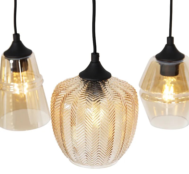 Candeeiro de suspensão Art Deco preto com vidro âmbar 8 luzes - Hanne Art Deco
