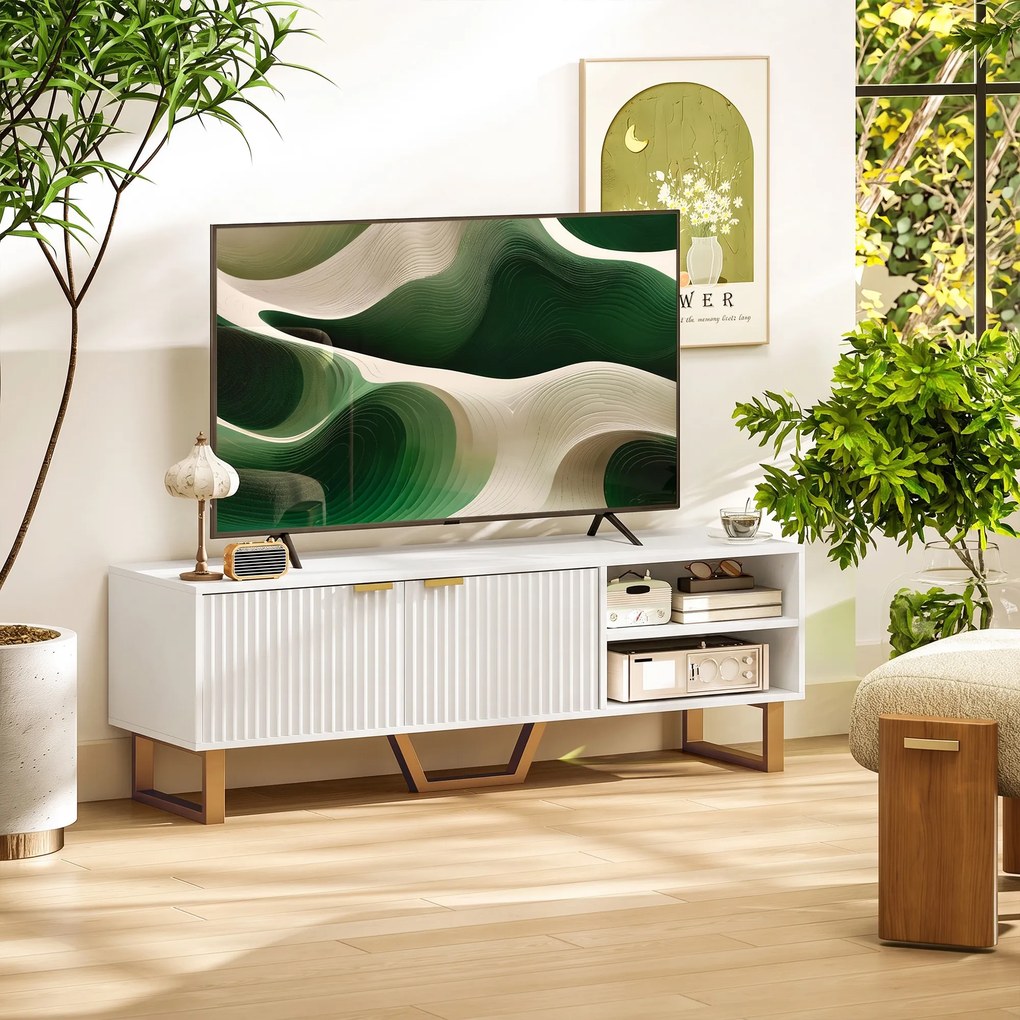 Móvel de televisão 140 L x 39 P x 47 A cm para televisores até 70 polegadas — armário com 2 portas caneladas, compartimento aberto e passa cabo branco