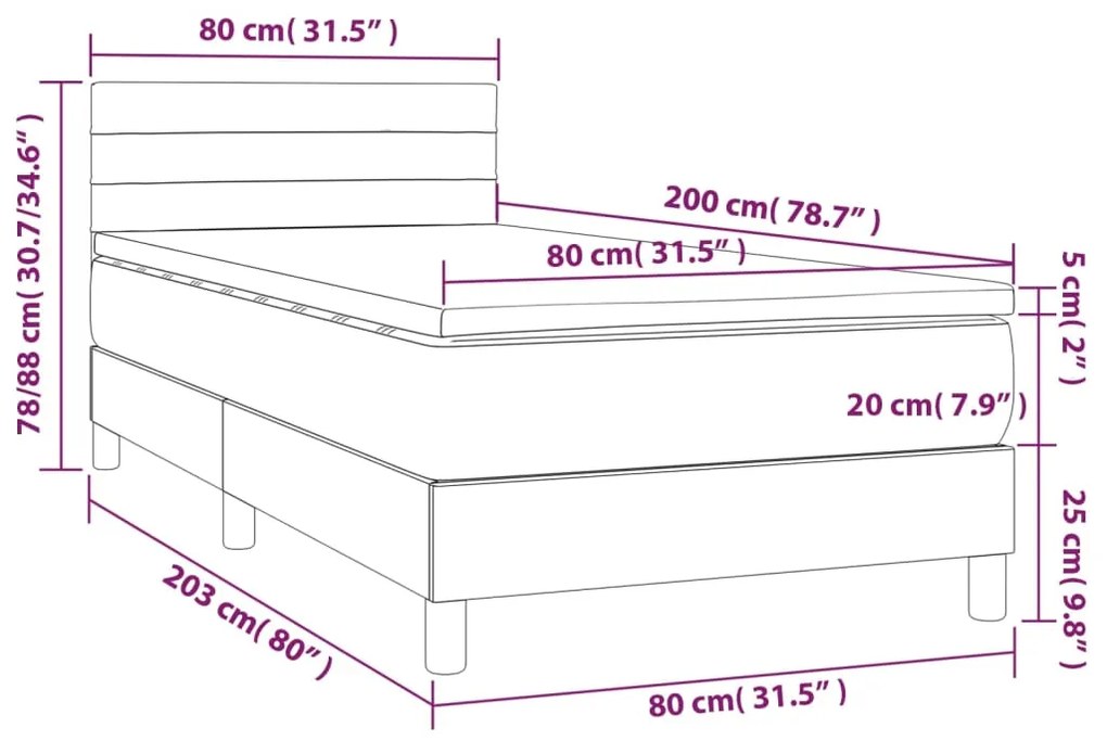 Cama box spring c/ colchão/LED 80x200cm tecido castanho-escuro