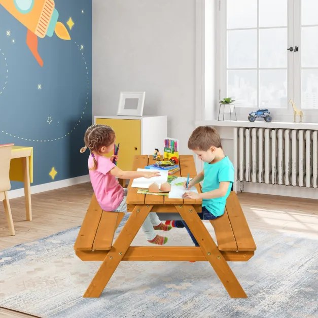Mesa de piquenique infantil 3 em 1 com guarda-sol removível e ajustável de altura de 117 a 187 cm Mesa de madeira para pátio de jardim Verde