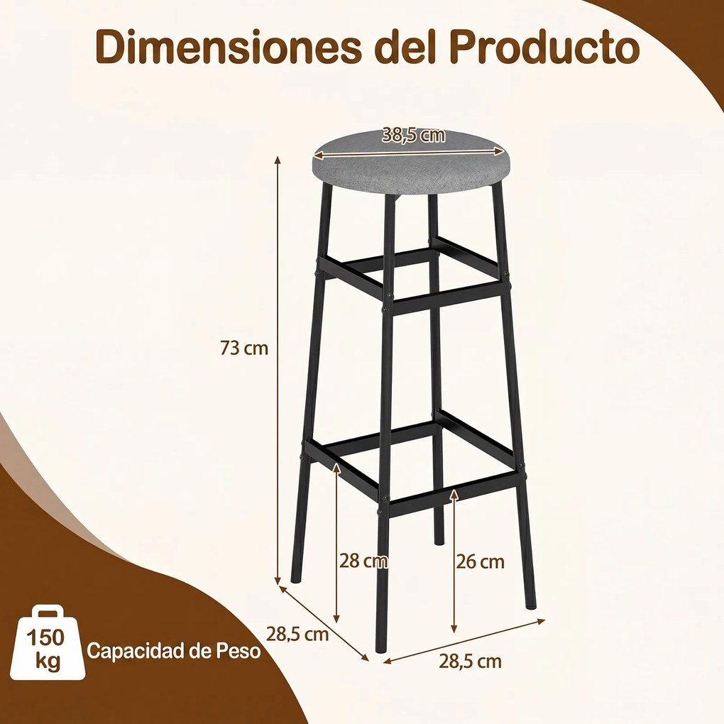 Conjunto de 2 Bancos de Bar Redondos, 33,5 x 73 cm, Assento Estofado, Cinzento