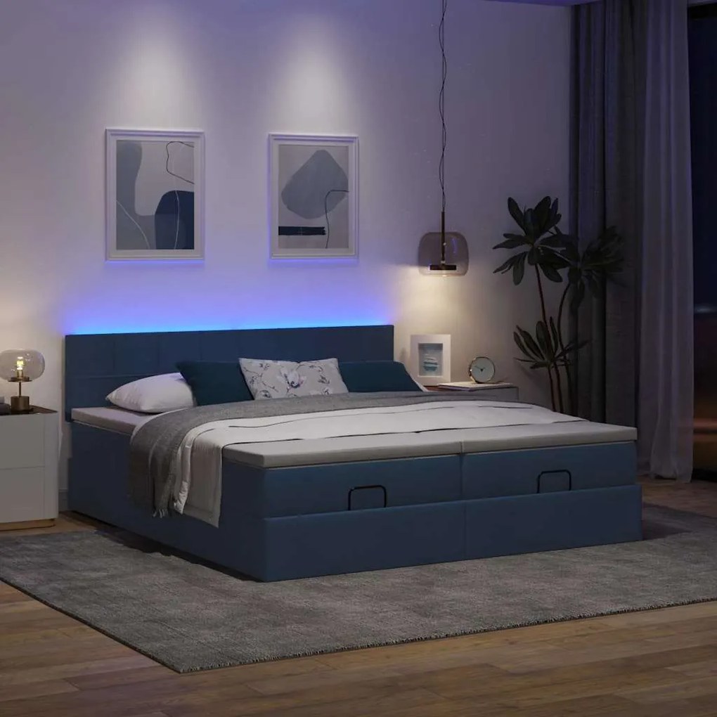 Estrutura de cama otomana com colchões 200x200cm tecido azul