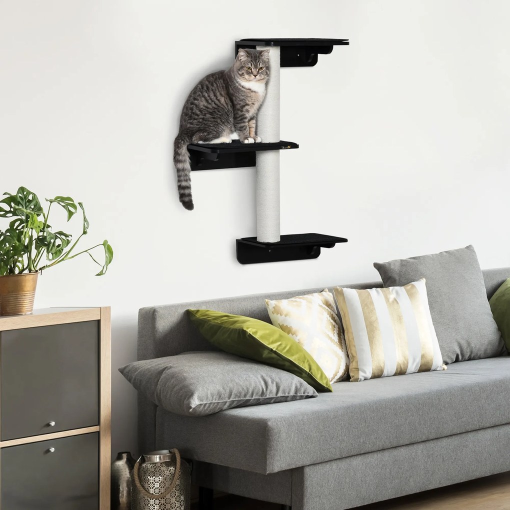 Árvore para Gatos de Parede com 3 Plataformas Almofada Removível e 2 Postes de Arranhar de Juta Torre para Escalar 63x28x93,5cm Preto e Bege