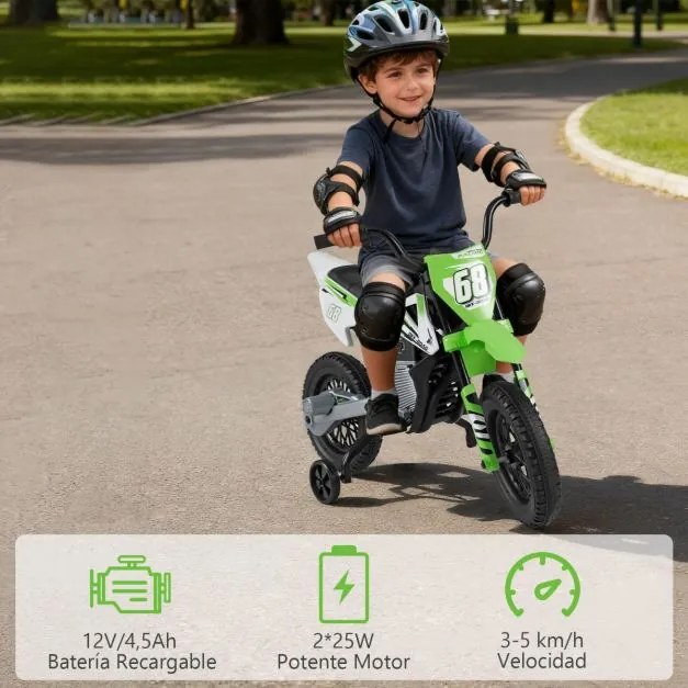 Mota elétrica para crianças 12V com rodas de treino removíveis e suspensão com molas Verde