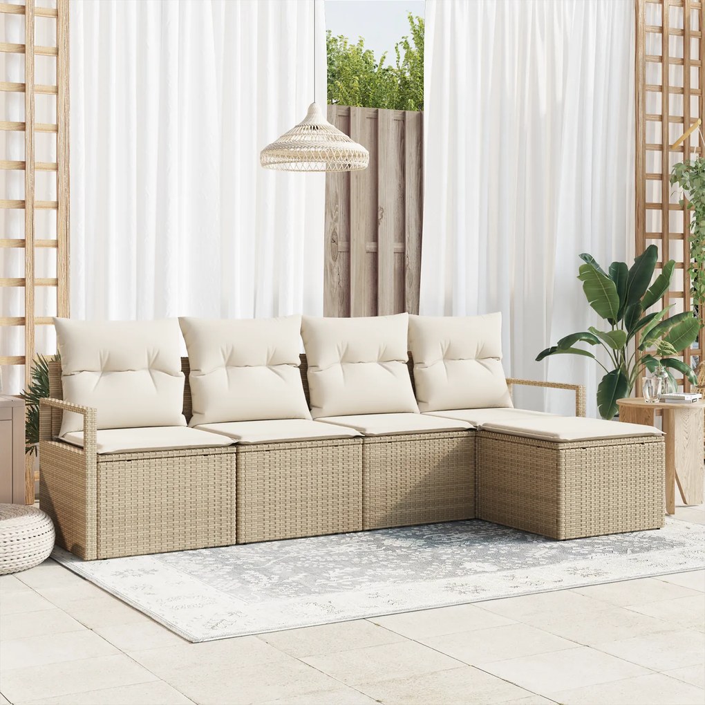 Conjunto de Sofá Modular de 5 Peças com Almofadas Bege de Rattan Poly