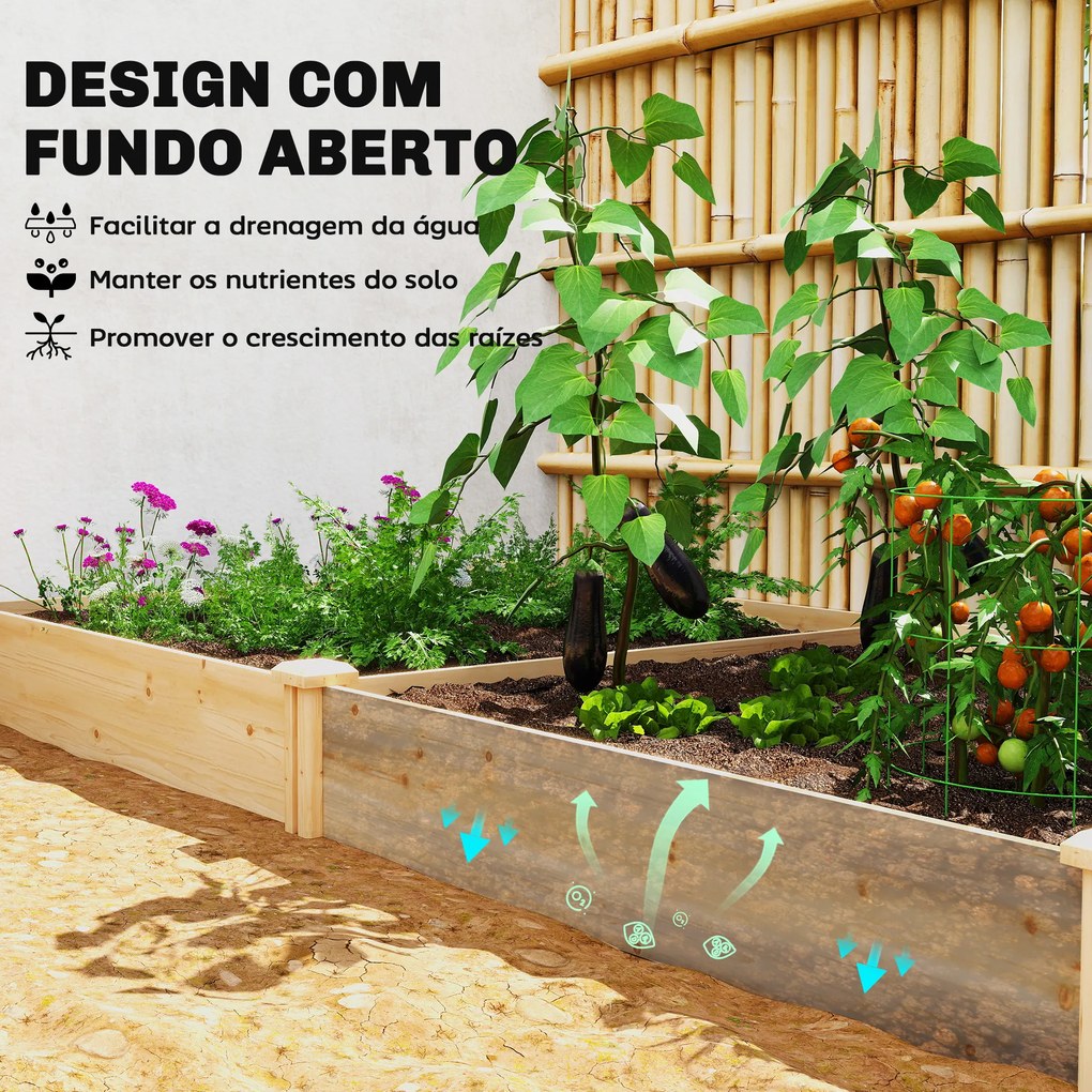Floreira Elevada em Madeira Horta Urbana para Cultivar Plantas com Divisor e Base Aberta 235x121x26 cm Madeira
