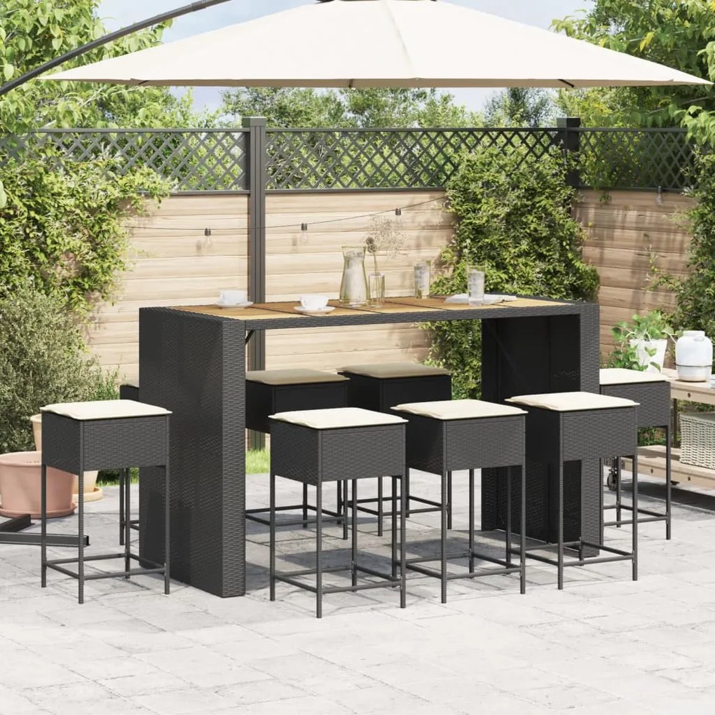 9 pcs conjunto de bar para jardim c/ almofadões vime PE preto