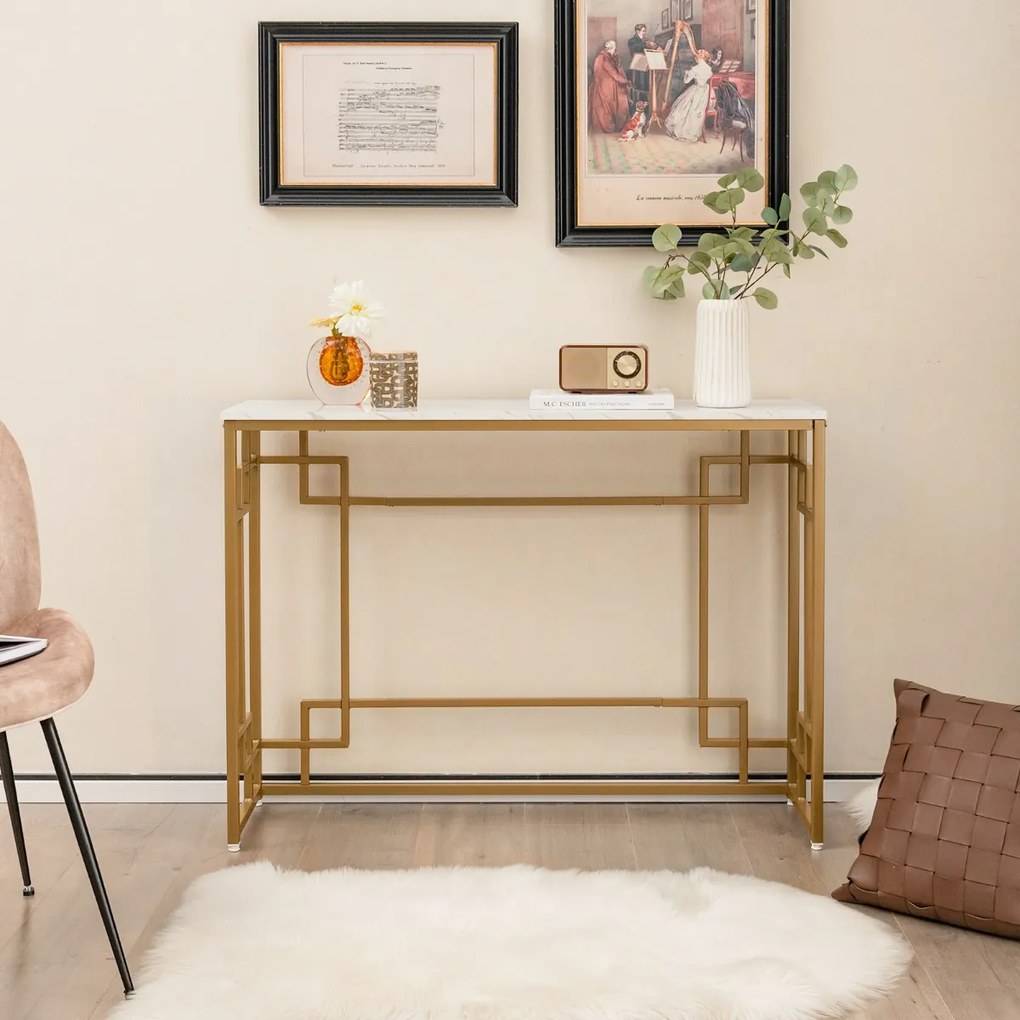 Mesa consola estreita com mesa lateral superior de mármore com dispositivo anti-tombamento para entrada da sala 110 x 30 x 81 cm branco e dourado