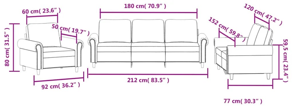 3 pcs conjunto de sofás com almofadões veludo cinzento-escuro