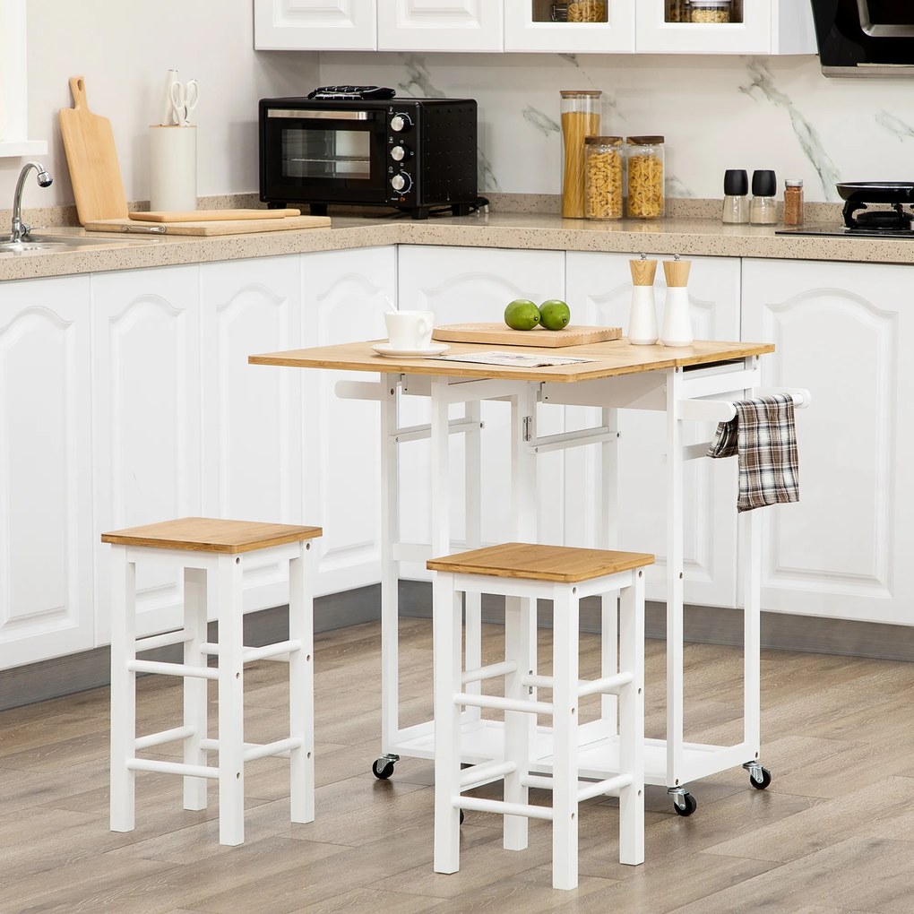 Conjunto de Mesa Alta de Bar e 2 Bancos com Rodas Mesa Dobrável de Cozinha com Bancos 86x75,5x83,5 cm Natural