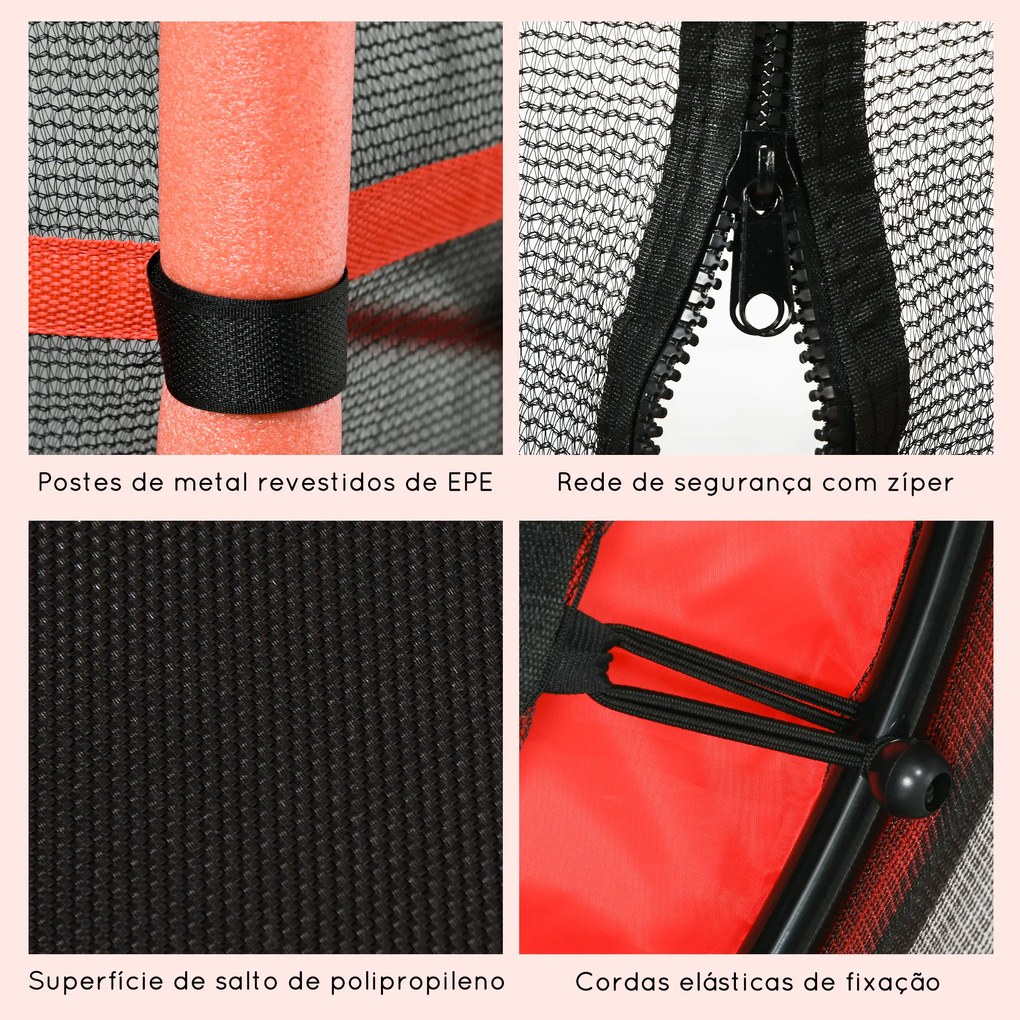 Trampolim para Crianças com Rede de Segurança e Estrutura de Aço para Interiores e Exteriores Carga 50 kg Ø163x190 cm Vermelho