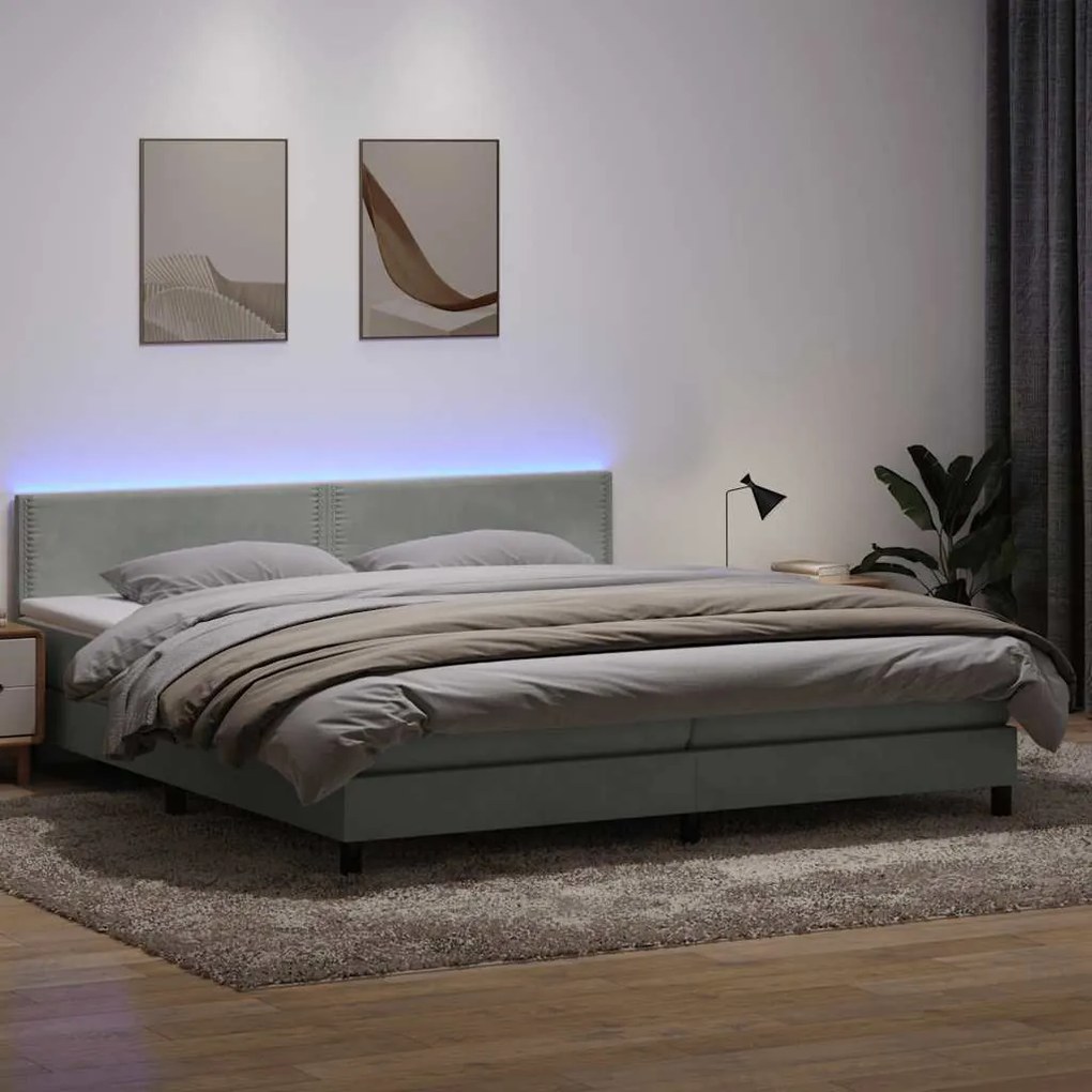 vidaXL Cama box spring c/ colchão e LED 180x210 cm veludo cinzento-claro