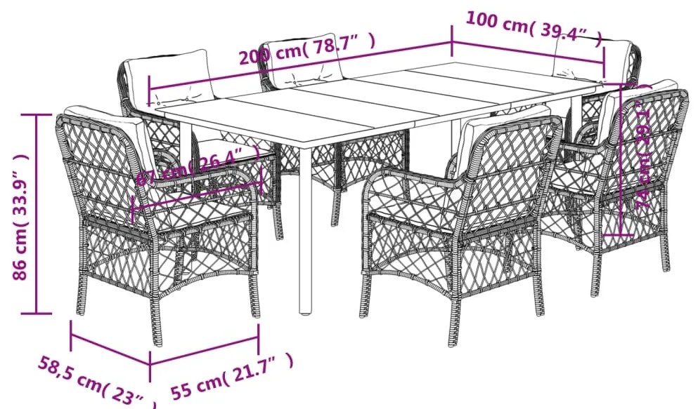 7 pcs conjunto de jantar p/ jardim com almofadões vime PE bege