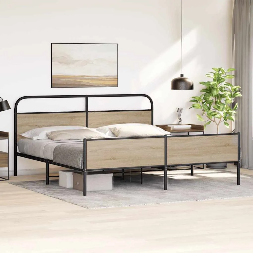 Estrutura de cama sem colchão 200x200cm metal carvalho fumado